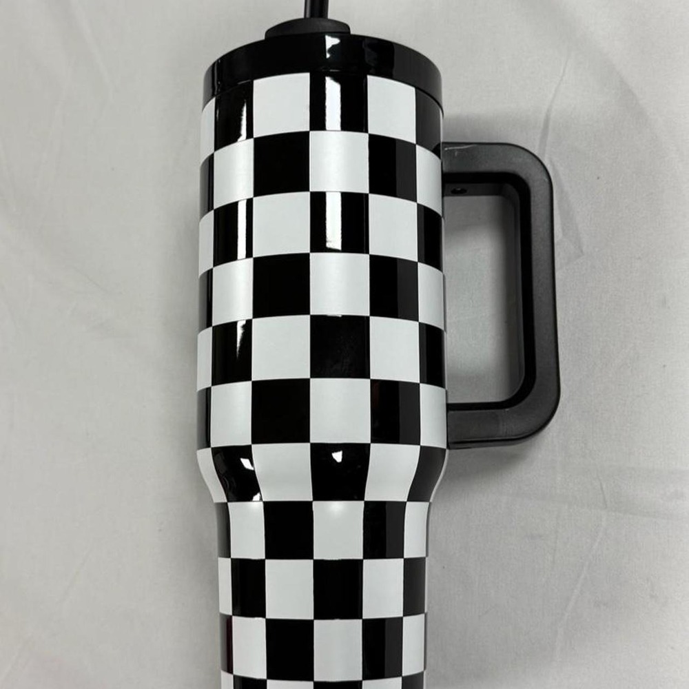 Black White Checkered Tumbler with Handle and Straw Reusable Travel Mug
